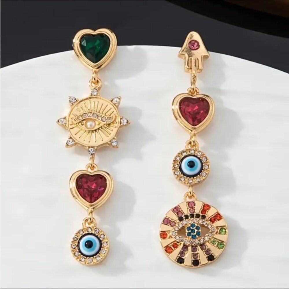 Bohemian Ethnic Seeing Eye Rhinestone Heart Gold and Multicolor Dangle Earrings
